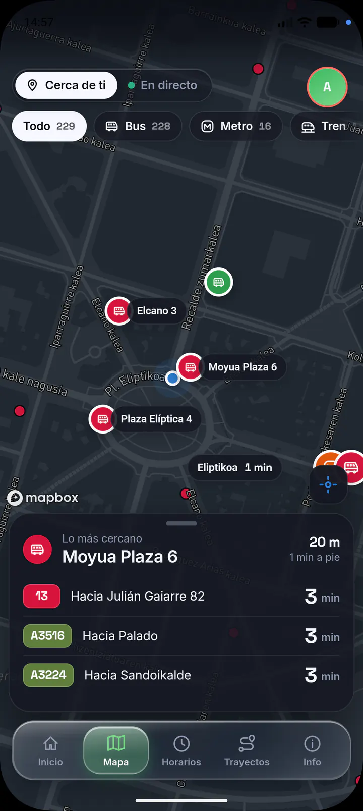 «Zure inguruan» mapa Bilbon, Moyua plaza inguruko metro, autobus eta tren geltokiekin eta hurrengo irteerekin